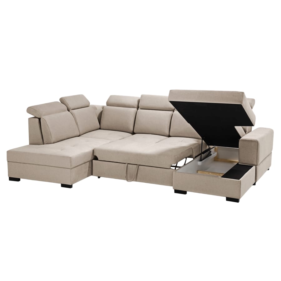 Canapé panoramique convertible avec coffre en tissu beige - Angle droit